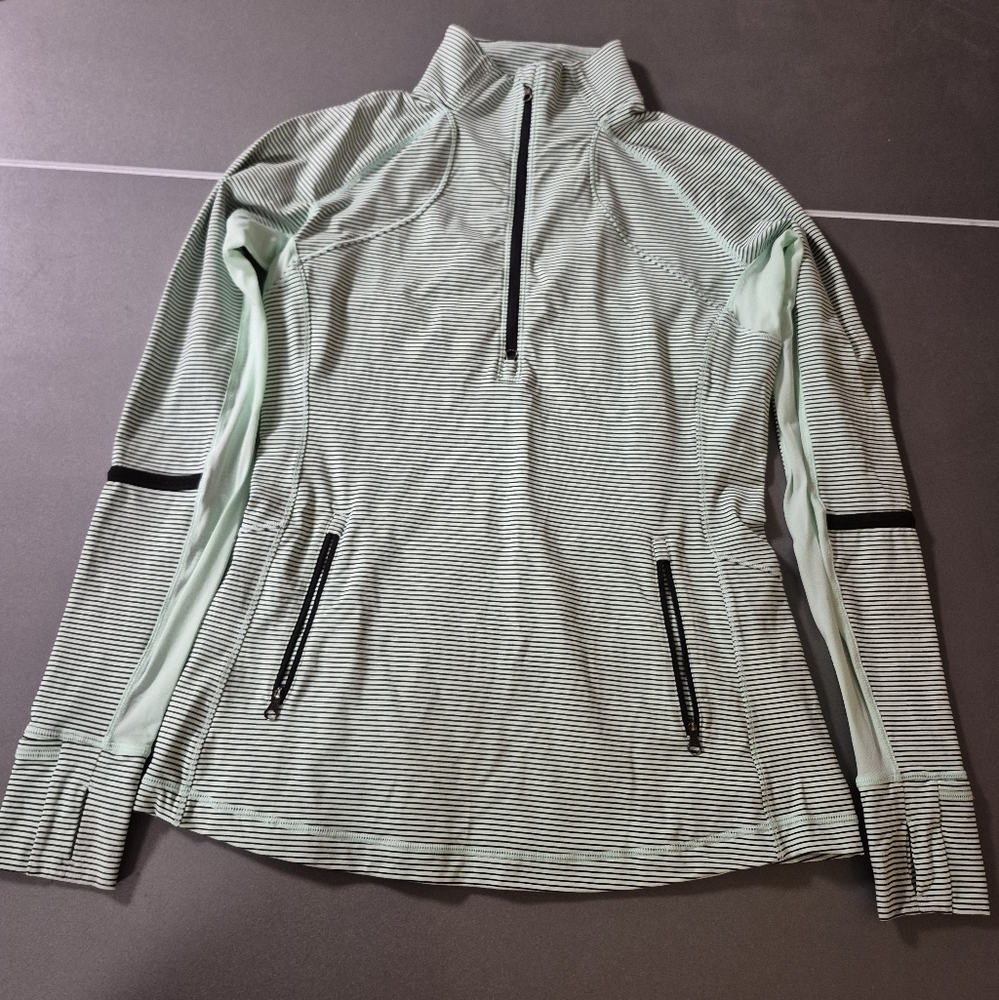Lululemon race with grace mint blue black stripe long sleeve quarter zip size 12